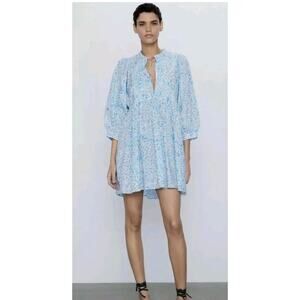 Zara Fancy Blue Poplin Cotton 3/4 Sleeve Dress Mini XS Loveshack Floral Print